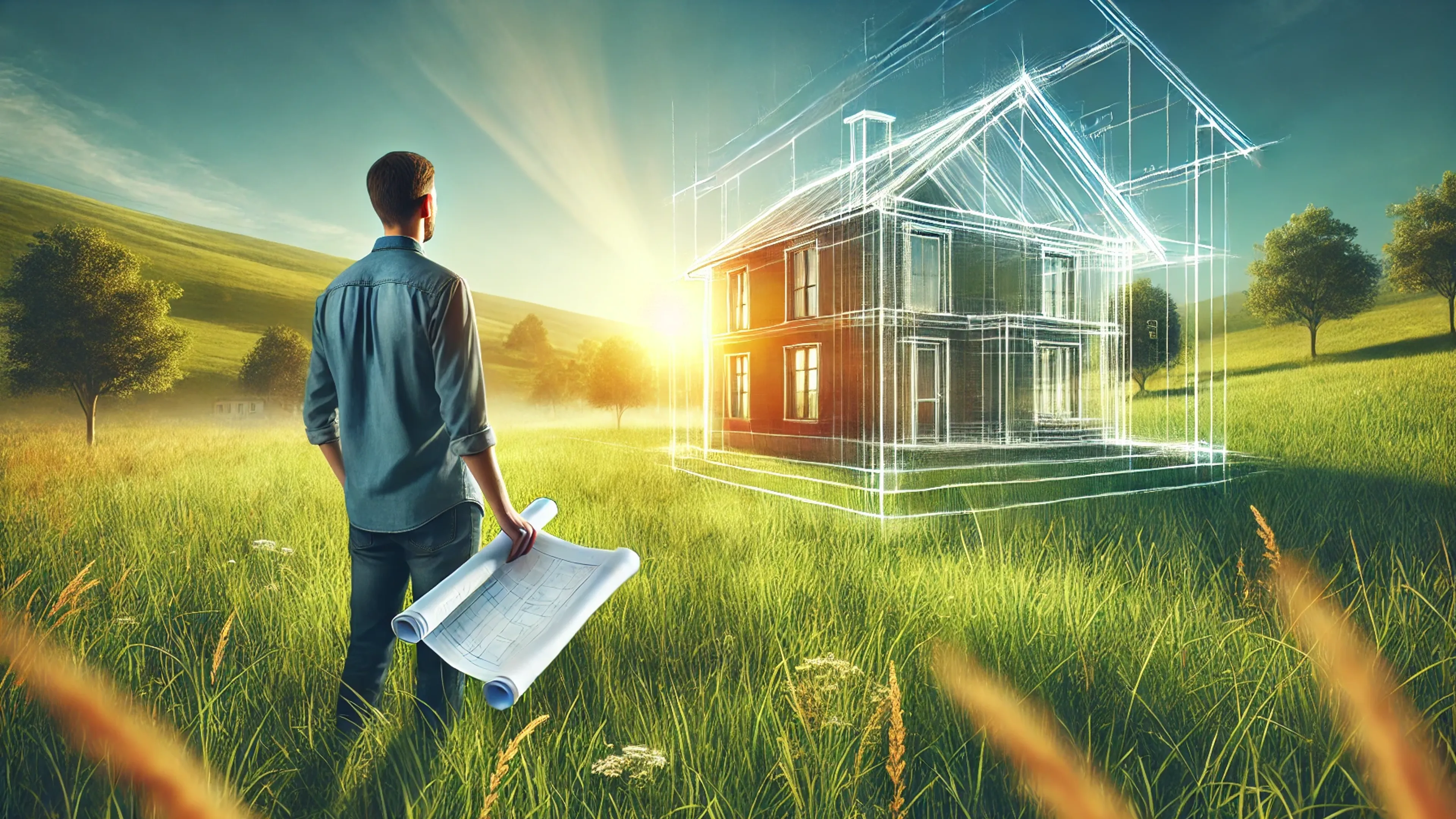 DALL·E 2025-02-22 15.35.32 - A hyperrealistic image of a green meadow under a bright blue sky, with a transparent sketch-like outline of a modern house in the background. A man in.webp